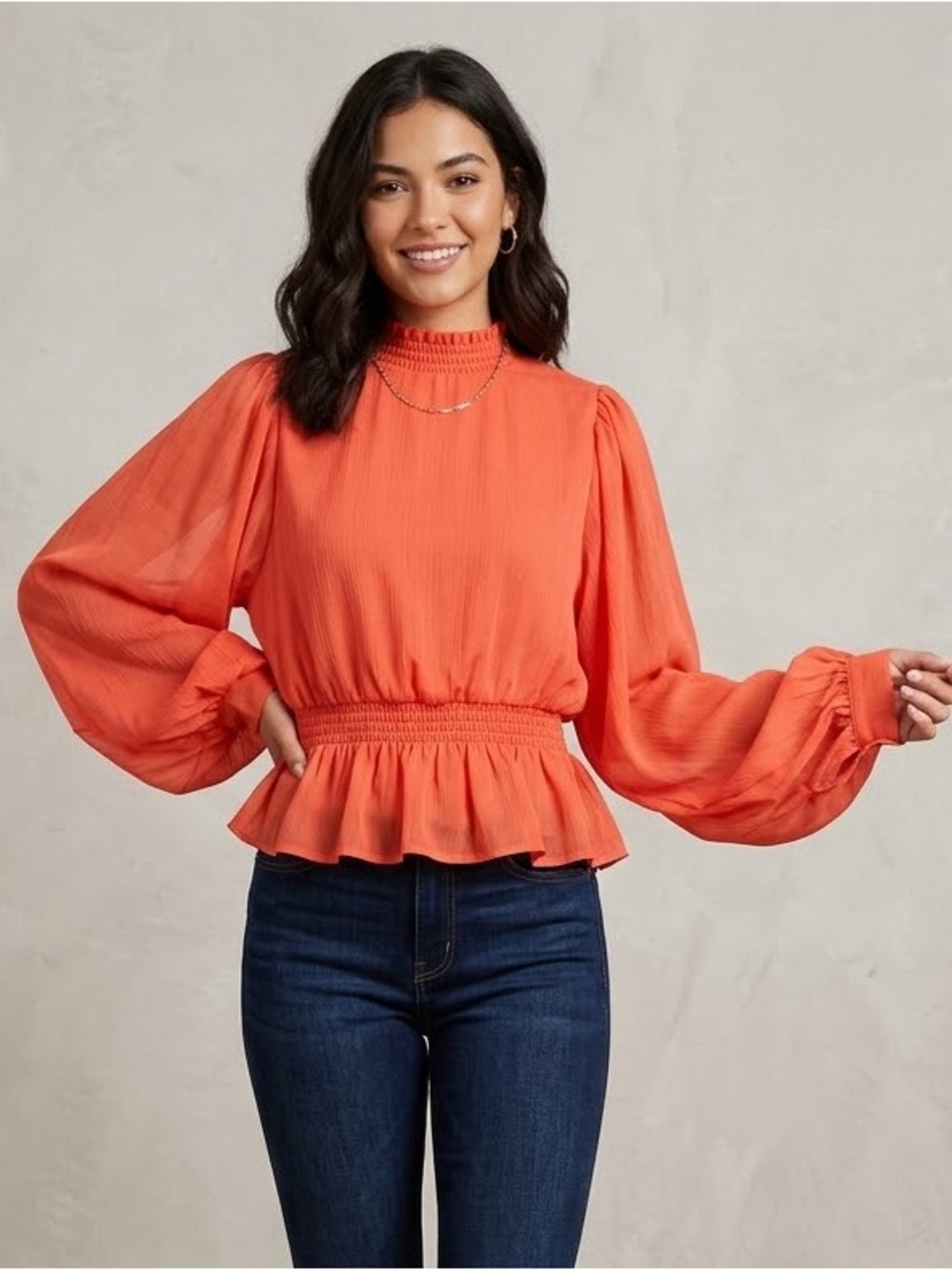 Bright Orange Smocked-Waist Peplum Blouse with Bishop Sleeves
